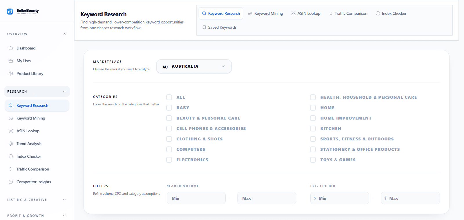 SellerBounty keyword research workspace